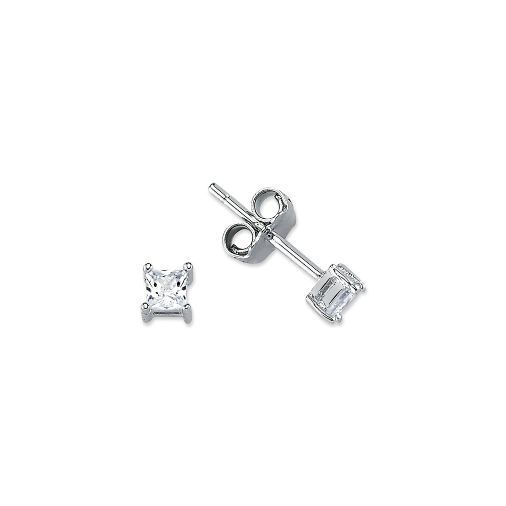 Rhodium Silver Princess CZ Solitaire Stud Earrings 3mm - AES055