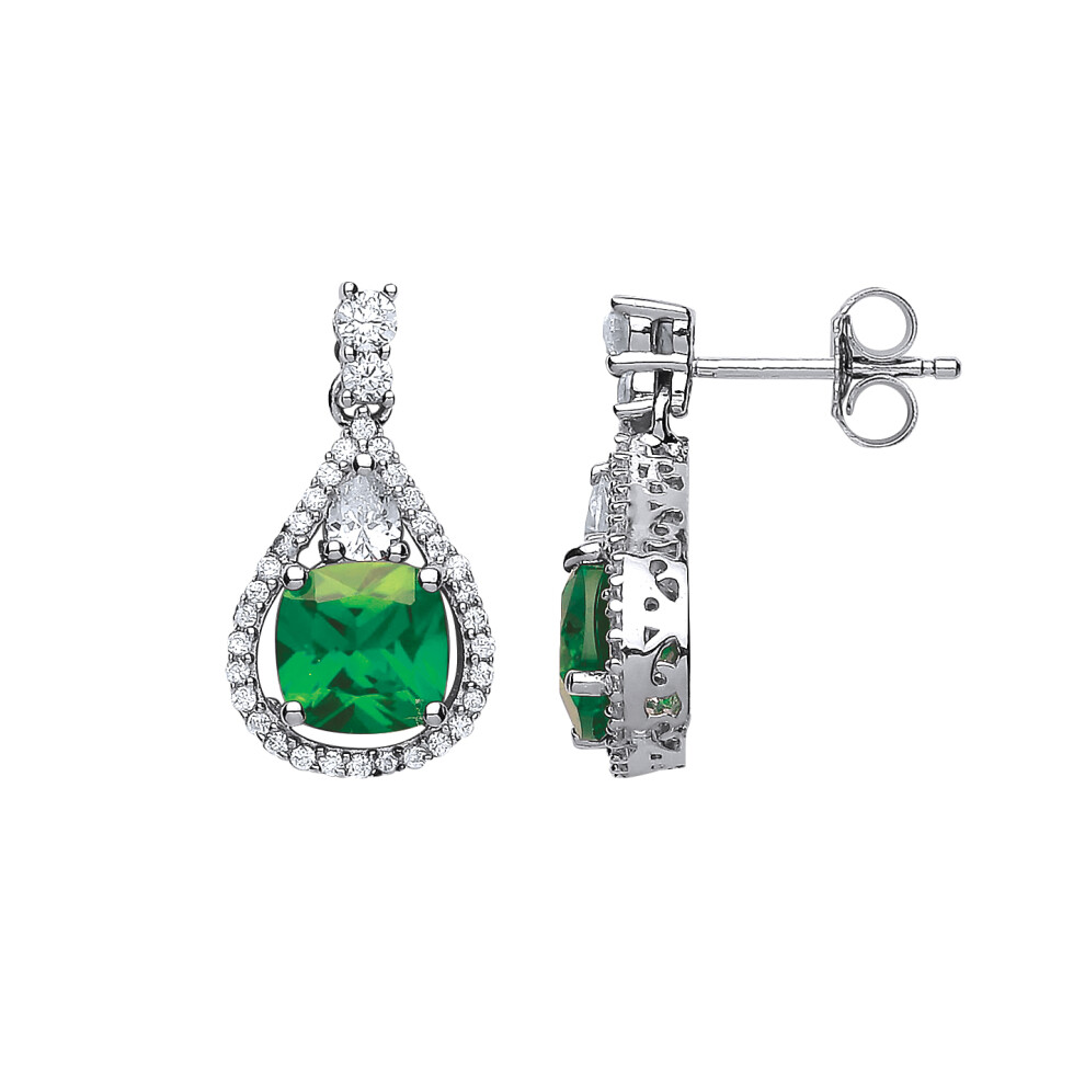 Jewelco London Ladies Sterling Silver Emerald-Green Cushion Cubic Zirconia Halo Teardrop Drop Earrings - GVE441EM