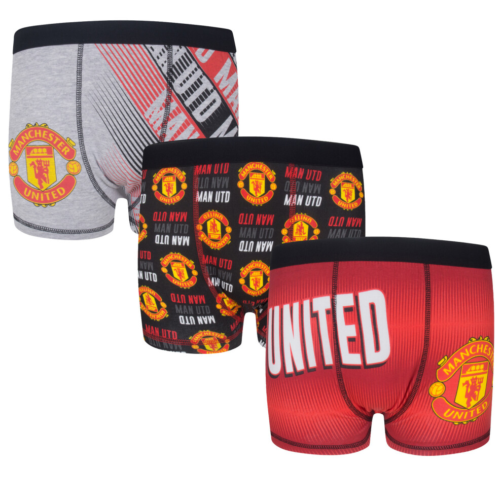 (Red/Black/Grey, 11-12 Years) Manchester United Boys Boxer Shorts 3 Pack Crest Kids OFFICIAL Football Gift