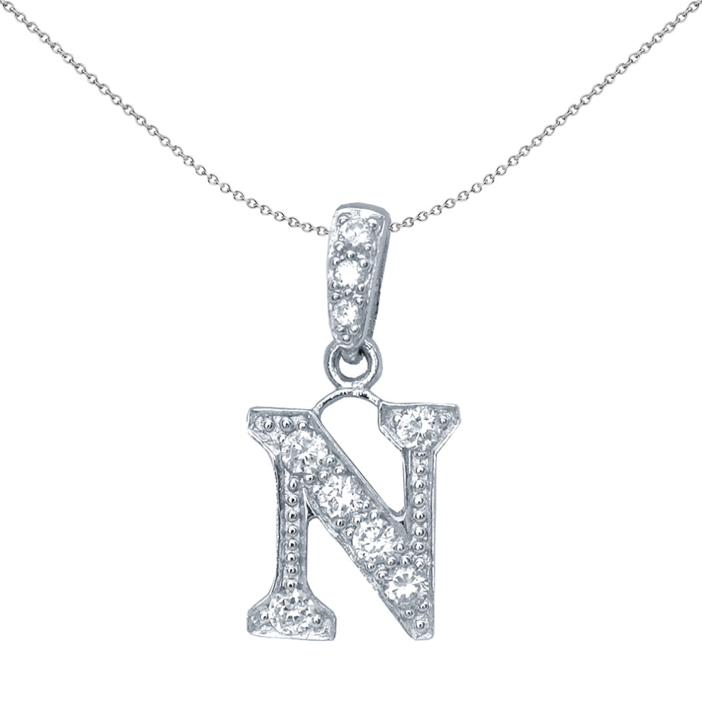 Jewelco London Sterling Silver Cubic Zirconia Letter N Initial Pendant Necklace 18 inch - GIN2-N