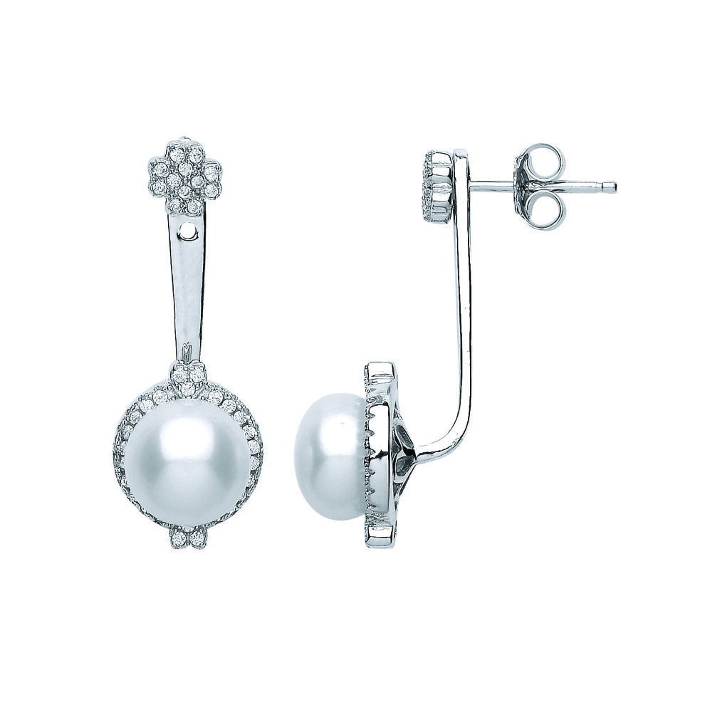 Jewelco London Sterling Silver Cubic Zirconia and Simulated Pearl Pave Halo Drop Earrings 9mm - GVE465