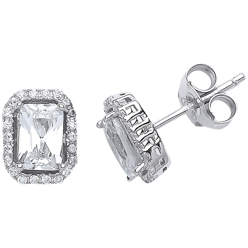 Jewelco London Ladies Sterling Silver Emerald Cut Cubic Zirconia Halo Stud Earrings - GVE542
