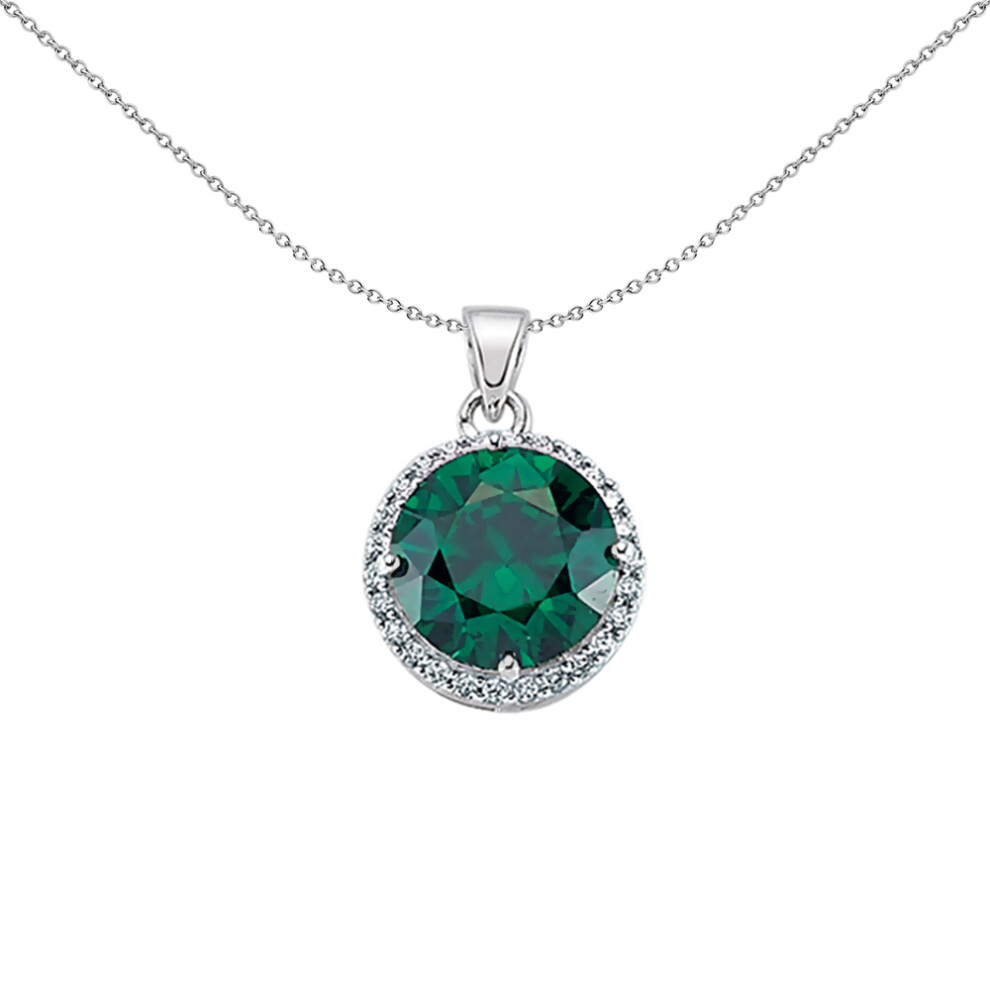 Jewelco London Ladies Sterling Silver Emerald-Green Cubic Zirconia Halo Pendant Necklace 18 inch - GVP234