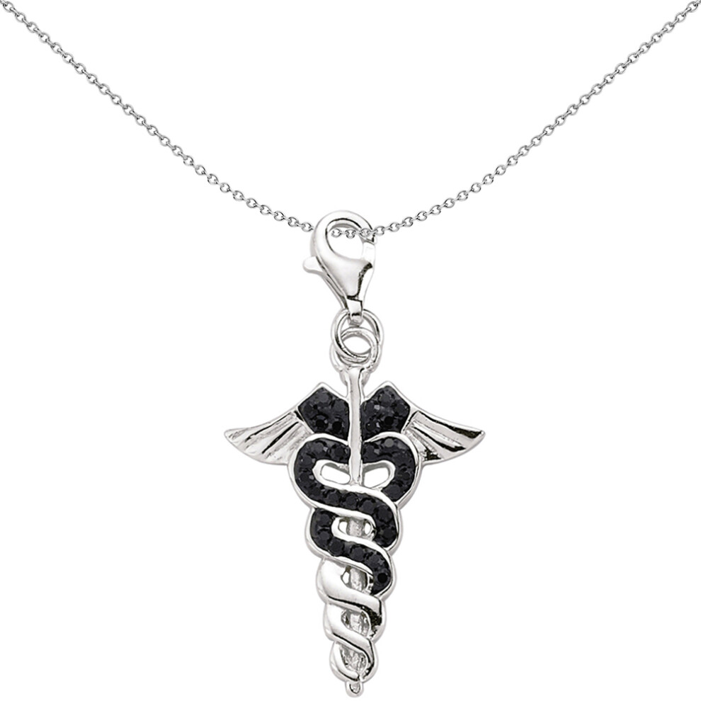 Jewelco London Unisex Sterling Silver Black Crystal Caduceus Medical Sword Snake Lobster Clasp Link Charm - CM120