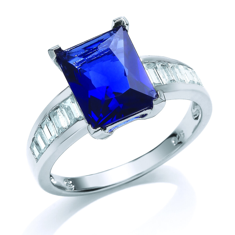(Q) Jewelco London Rhodium Sterling Silver Blue and White Emerald and Baguette Cut Cubic Zirconia Cluster Cocktail Ring