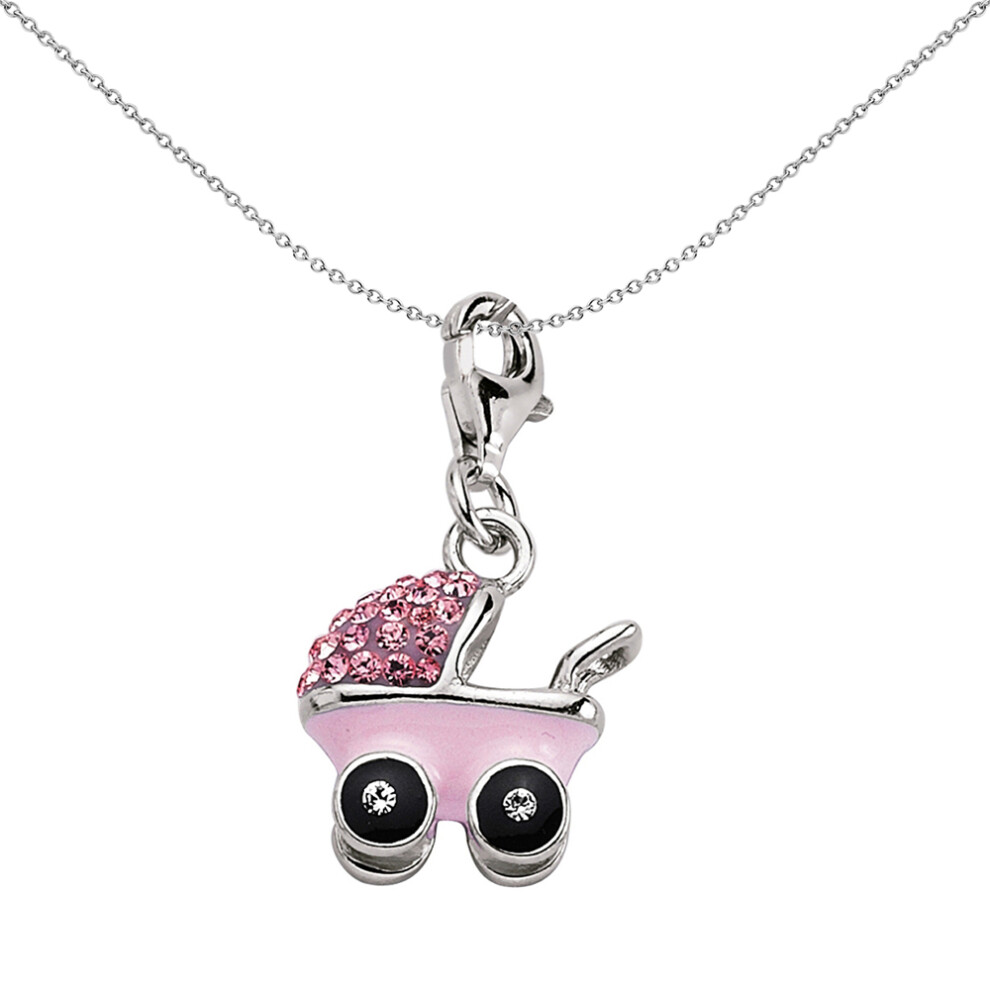 Jewelco London Sterling Silver Pink Crystal Buggie Pram Charm - CM123