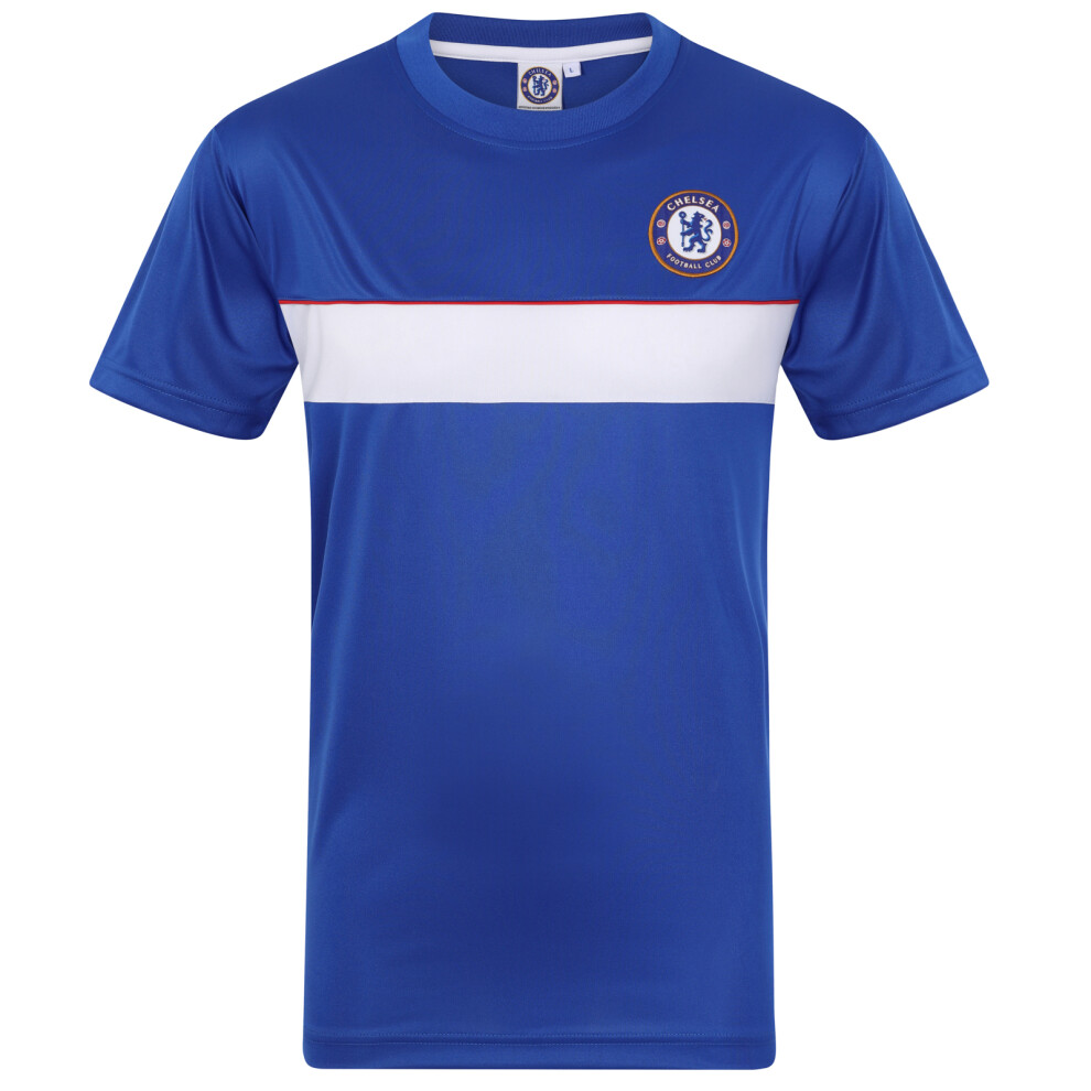 (Royal/White Stripe, Medium) Chelsea FC Official Football Gift Mens Poly Training Kit T-Shirt