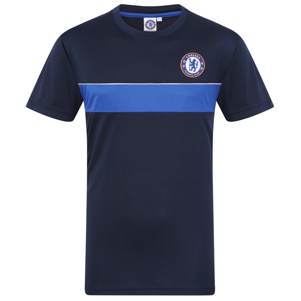 (Navy/Royal Stripe, XL) Chelsea FC Official Football Gift Mens Poly Training Kit T-Shirt