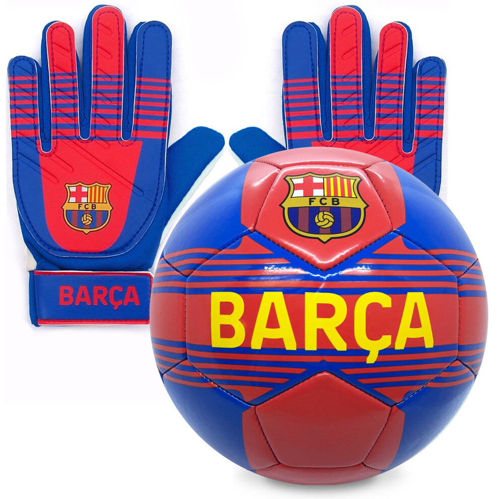 FC Barcelona Junior Size 4 Football & Goalkeeper Goalie Gloves Set OFFICIAL Gift