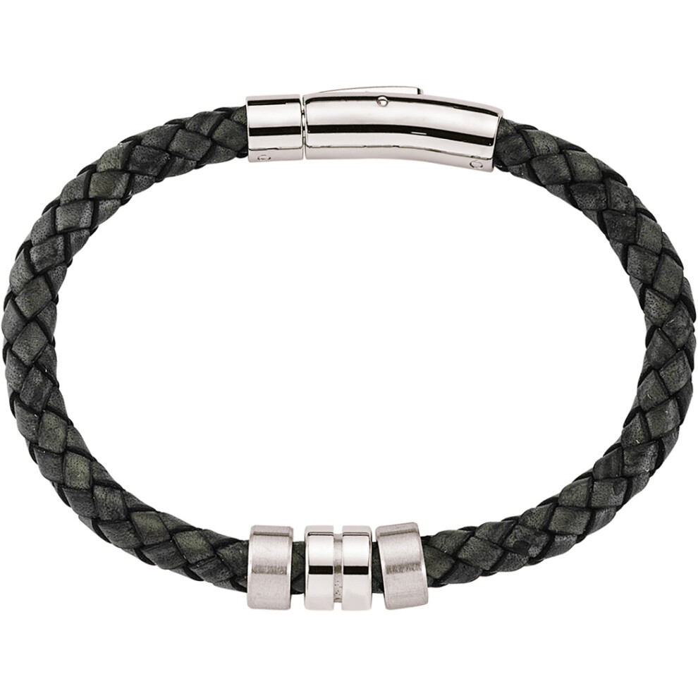 Jewelco London Mens Rhodium Plated Stainless Steel Black Leather Platted Cuff Bracelet 10mm - BRC46