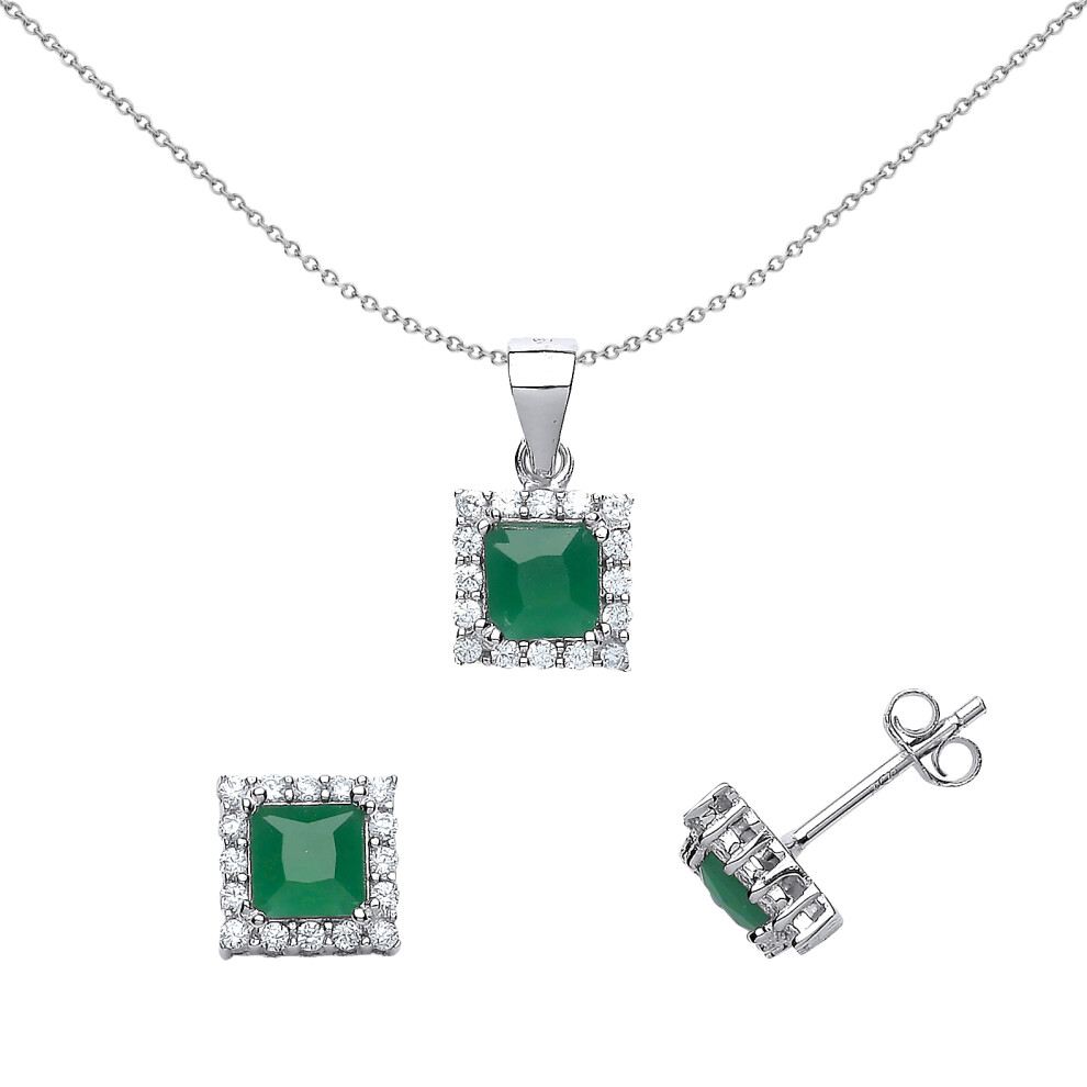 Jewelco London Sterling Silver Emerald-Green Princess Cut Cubic Zirconia Halo Princess Earrings Necklace Set 18 inch - GSET502
