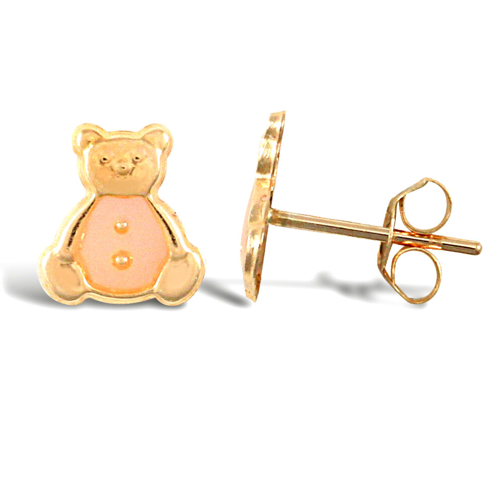 9ct Gold  Pink Enamel Teddy Bear Stud Earrings - JES275