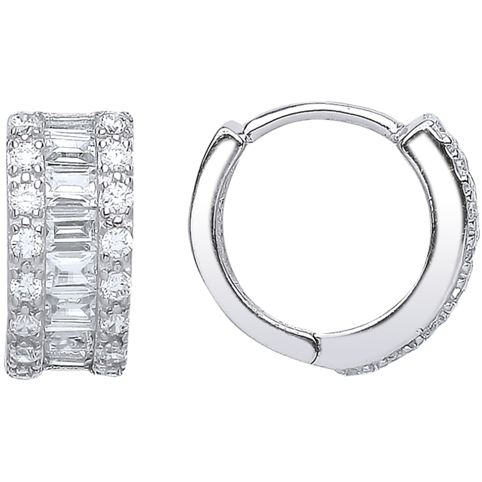 Silver  Baguette CZ Huggie Hoop Earrings 14mm - GVE537