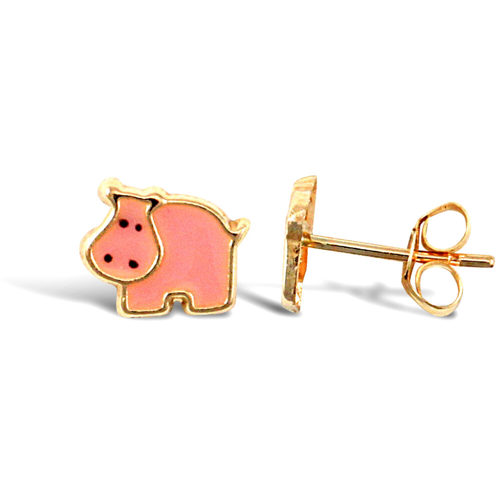 9ct Gold  Pink Enamel Hippo Stud Earrings - JES274