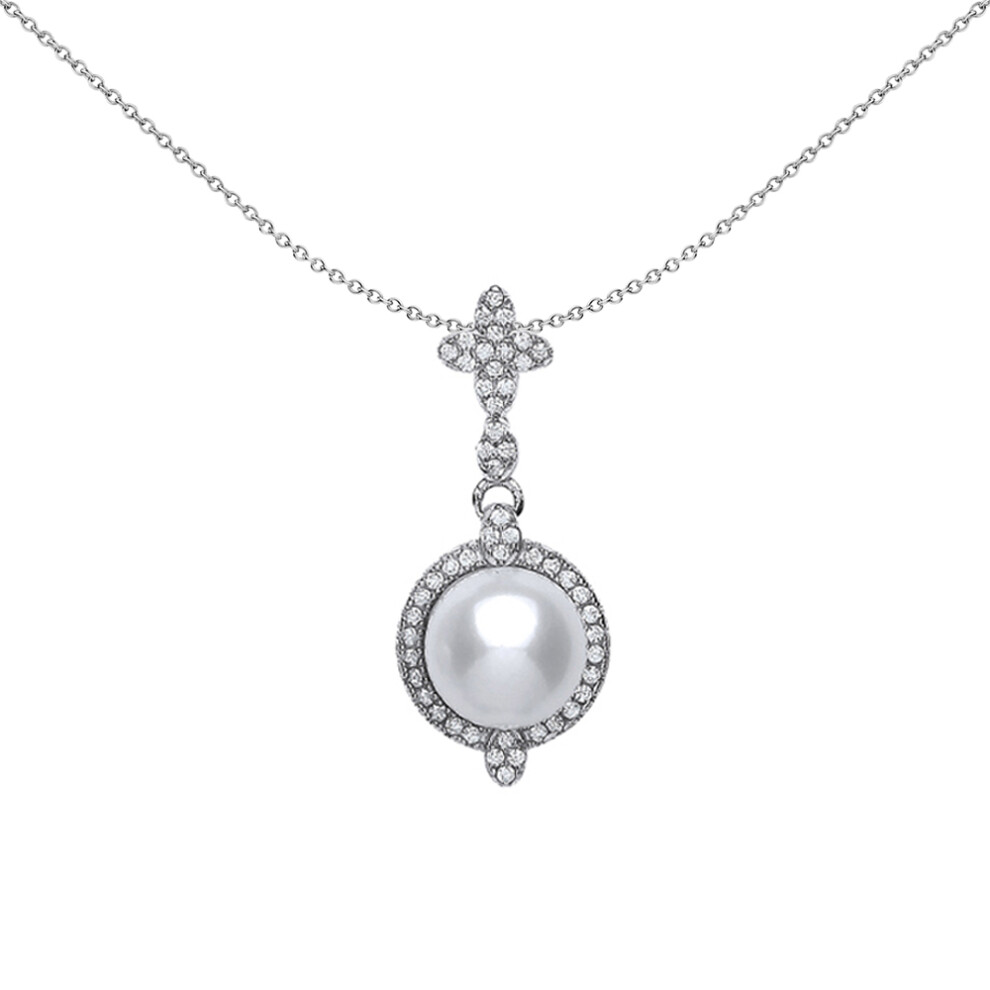 Jewelco London Ladies Sterling Silver Cubic Zirconia and Simulated Pearl Halo Charm Necklace 9mm 18 inch - GVP361
