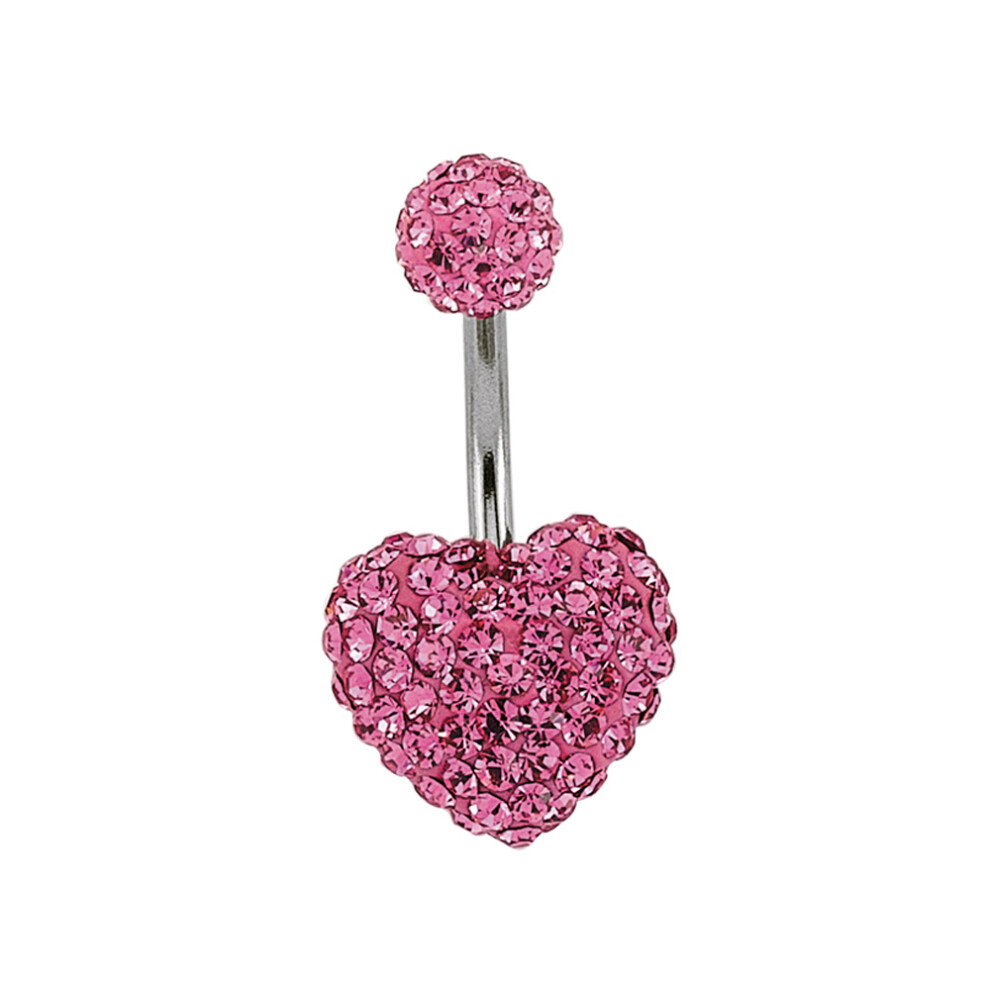 Jewelco London Stainless Steel Baby Pink Crystal Love Heart Disco Ball Banana Belly Bar - GBB15