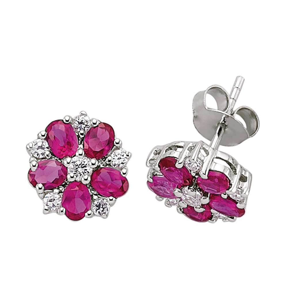 Jewelco London Ladies Sterling Silver Ruby-Red Oval Cubic Zirconia Tudor Rose Flower Petal Stud Earrings - GVE212
