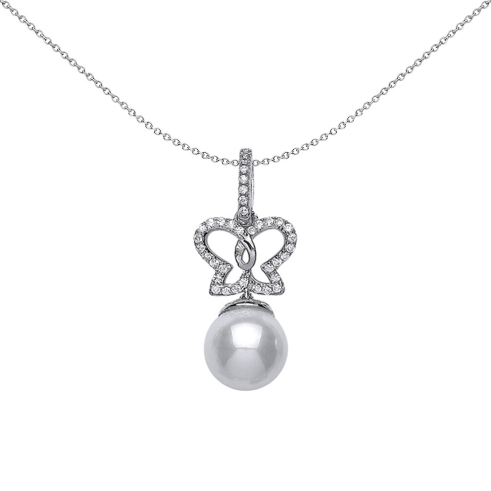Jewelco London Ladies Sterling Silver Cubic Zirconia & Simulated Pearl Butterfly Charm Necklace 9mm 18 inch - GVP363
