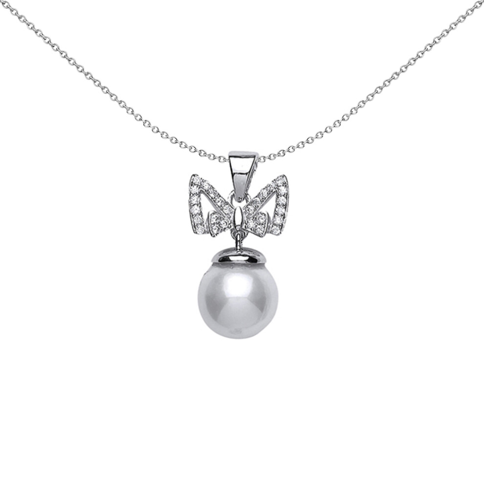 Jewelco London Ladies Sterling Silver Cubic Zirconia & Simulated Pearl Bow Charm Necklace 9mm 18 inch - GVP364