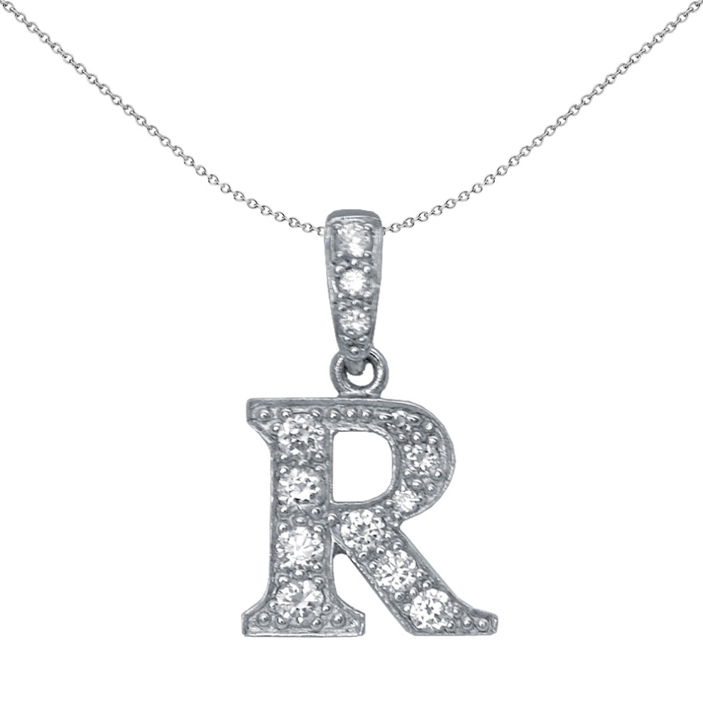 Jewelco London Sterling Silver Cubic Zirconia Letter R Initial Pendant Necklace 18 inch - GIN2-R