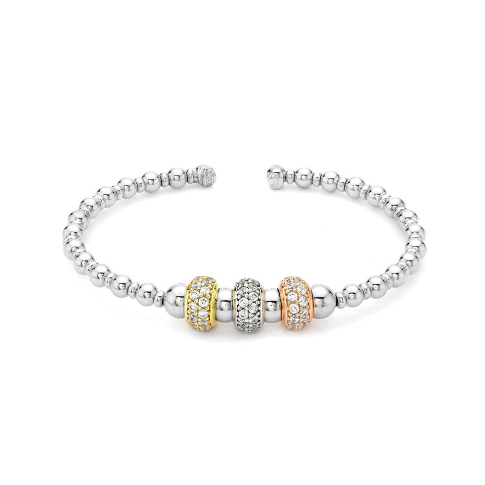 Jewelco London Rhodium Rose & Gold Silver CZ Ball Cuff Bead Bangle - Ladies - ABG031