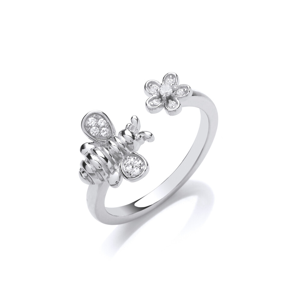 (N) Jewelco London Ladies Rhodium Plated Sterling Silver Cubic Zirconia Queen Bumble Honey Bee Cluster Ring