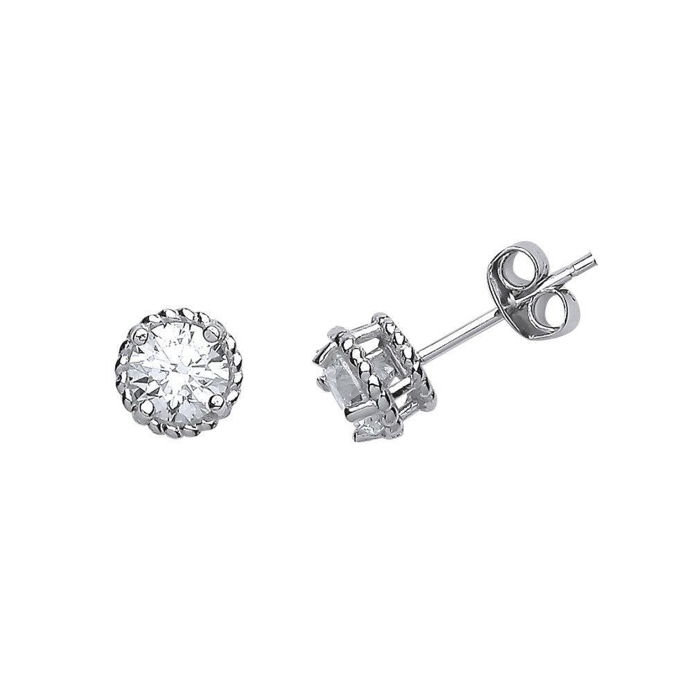 Jewelco London Ladies Sterling Silver Cubic Zirconia Rope Edge Stud Earrings - GVE490