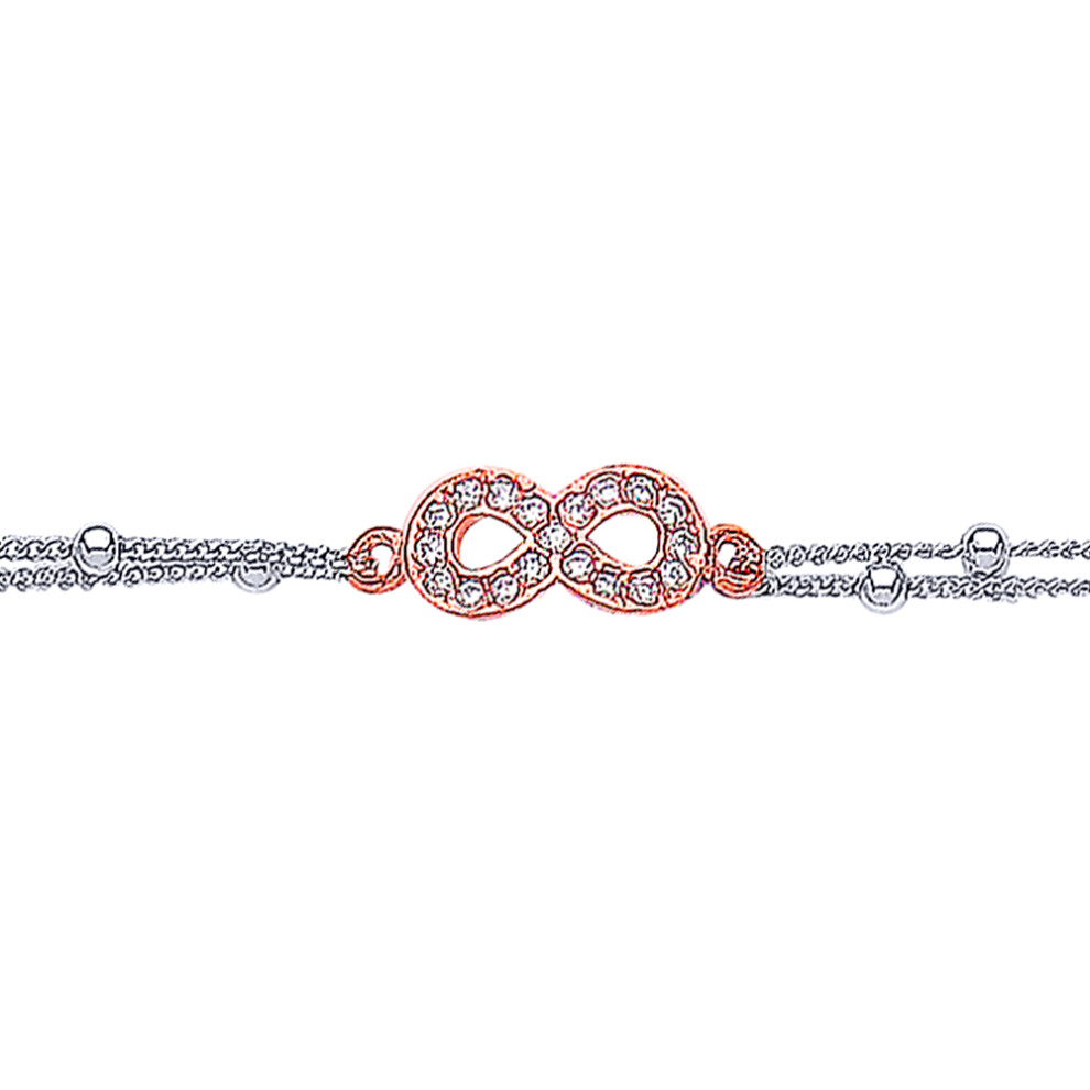Jewelco London White and Rose Gold-Plated Sterling Silver Cubic Zirconia Bead Pave Infinity Charm Bracelet - GVB237