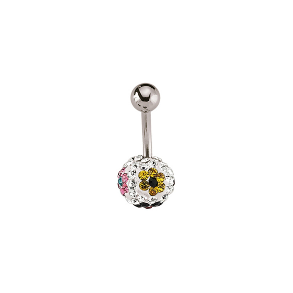 Jewelco London Stainless Steel Multicolour Crystal Flowers Disco Ball Banana Belly Bar - GBB32