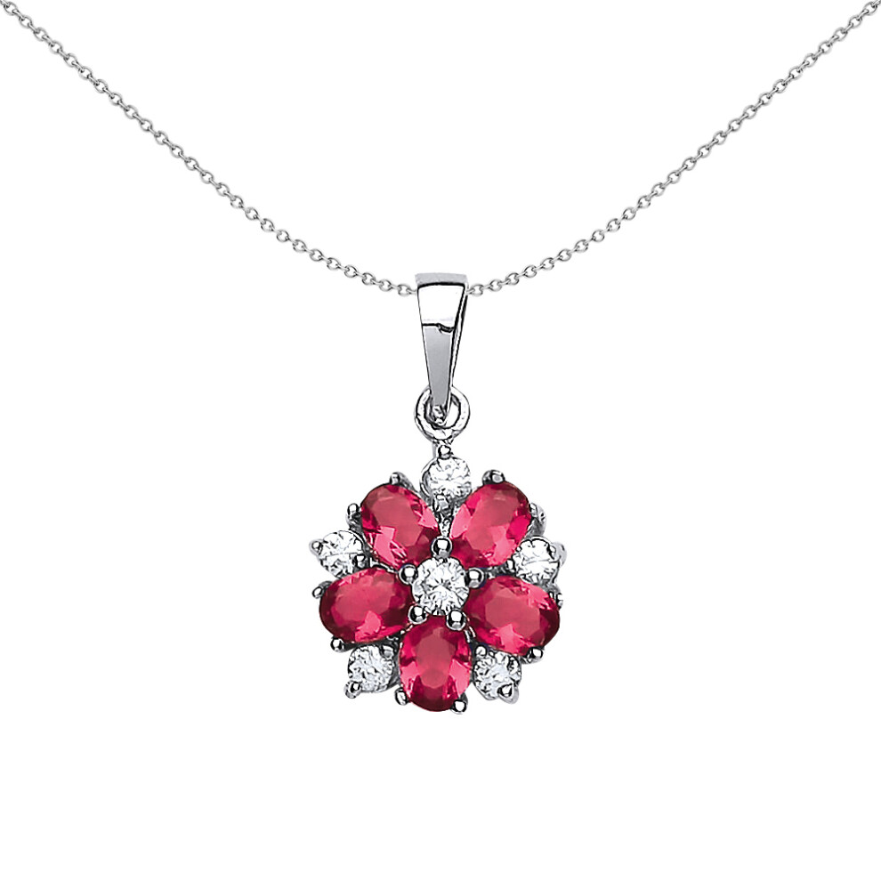 Jewelco London Ladies Sterling Silver Ruby-Red Oval Cubic Zirconia Tudor Rose Flower Petal Pendant Necklace 18 inch - GVP181