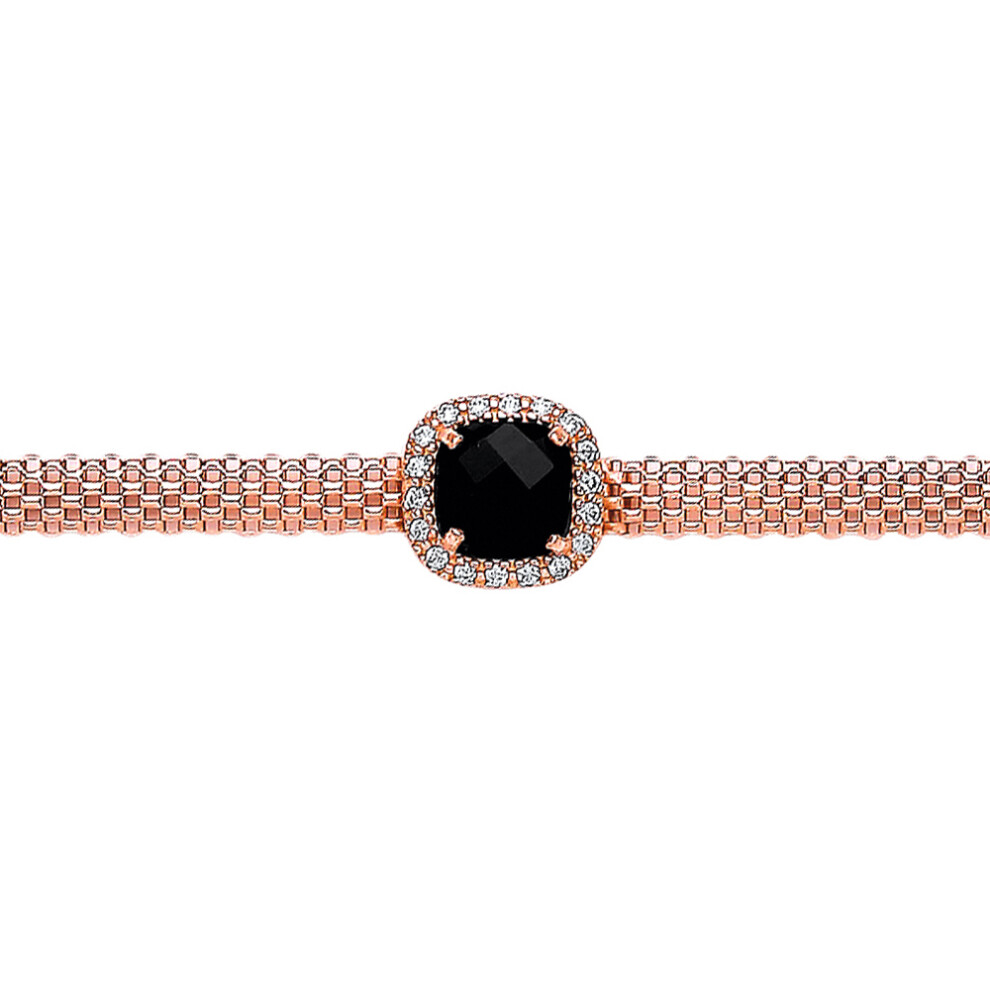 Jewelco London Rose Gold-Plated Sterling Silver Black Cushion and Round Brilliant Onyx Correana Pave Halo Bracelet - GVB253