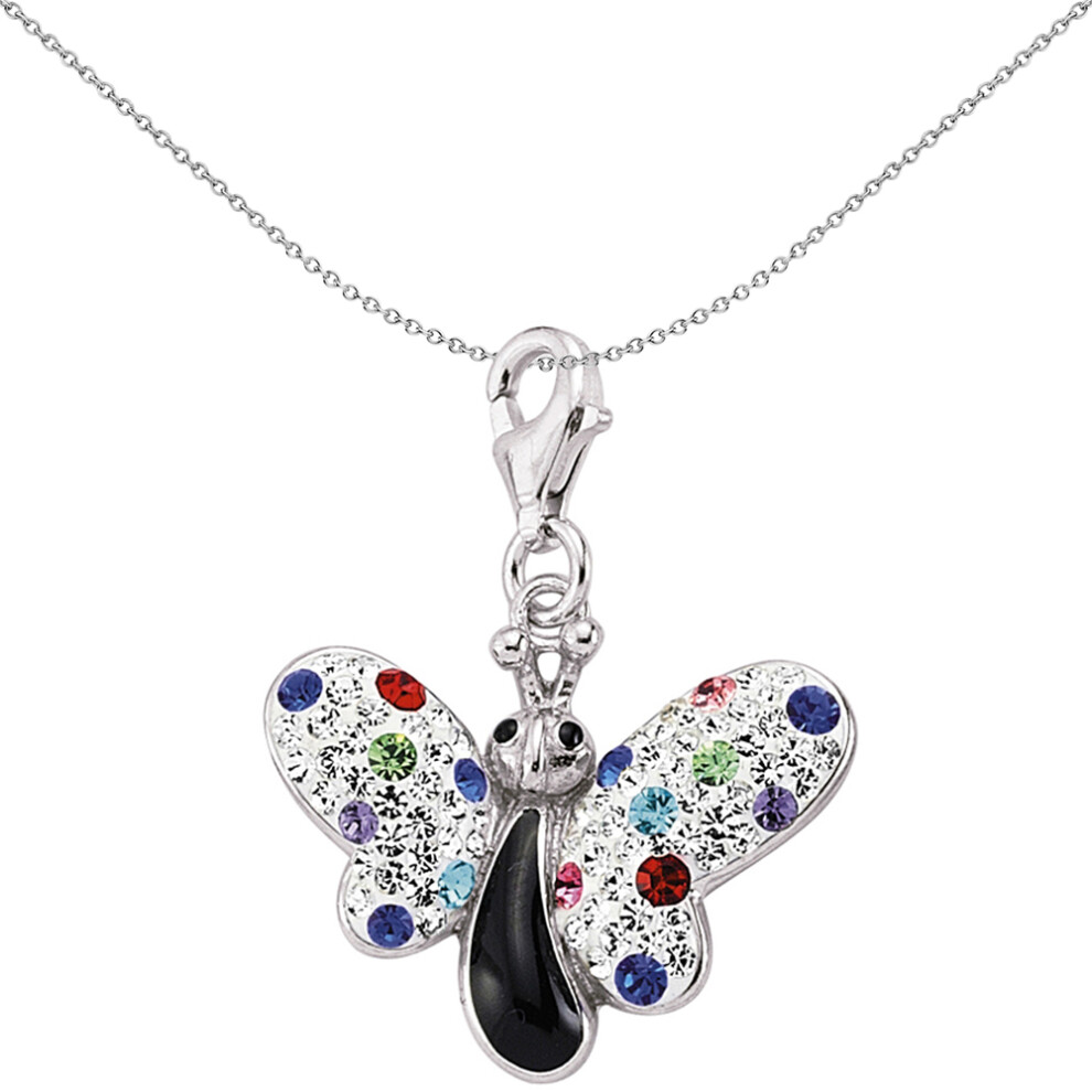 Jewelco London Unisex Sterling Silver Multi Coloured Crystal Black Enamel Butterfly Lobster Clasp Link Charm - CM139