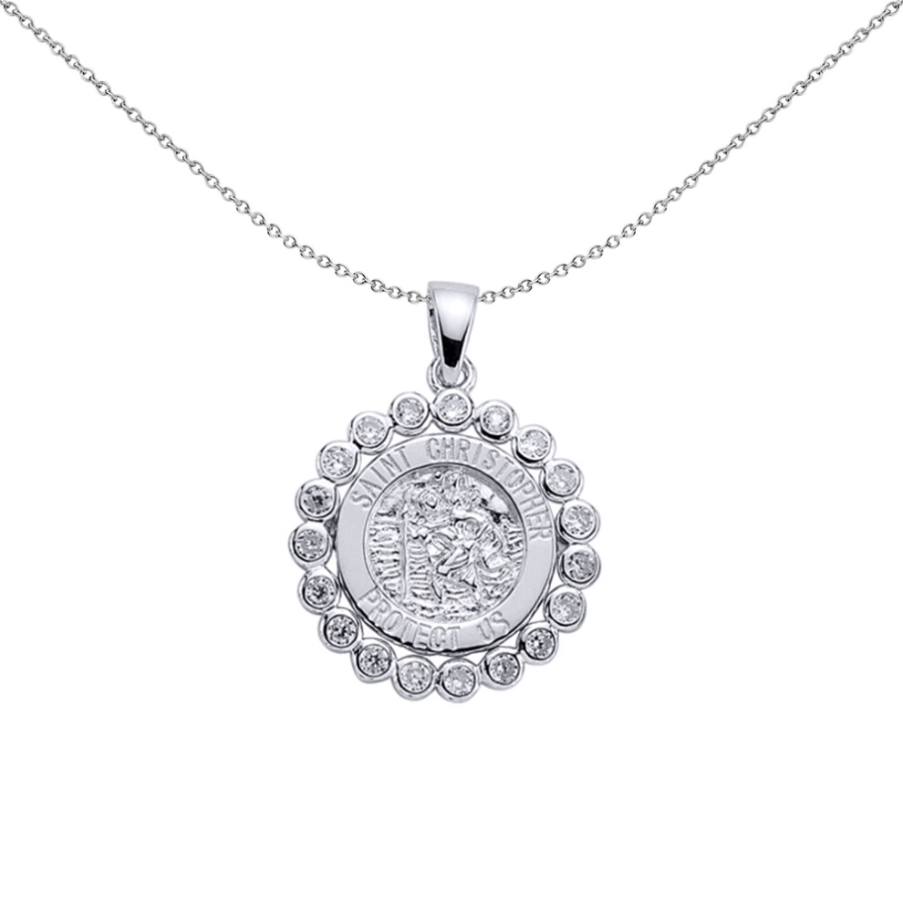 Jewelco London Ladies Sterling Silver Cubic Zirconia Bubble Halo St Christopher Medallion Necklace 18 inch - GVP064