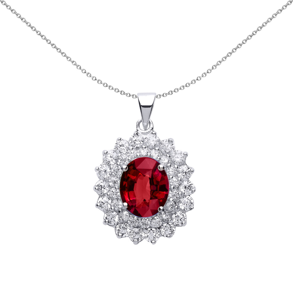 Jewelco London Ladies Sterling Silver Ruby-Red Oval Cubic Zirconia Royal Cluster Pendant Necklace 18 inch - GVP217RU