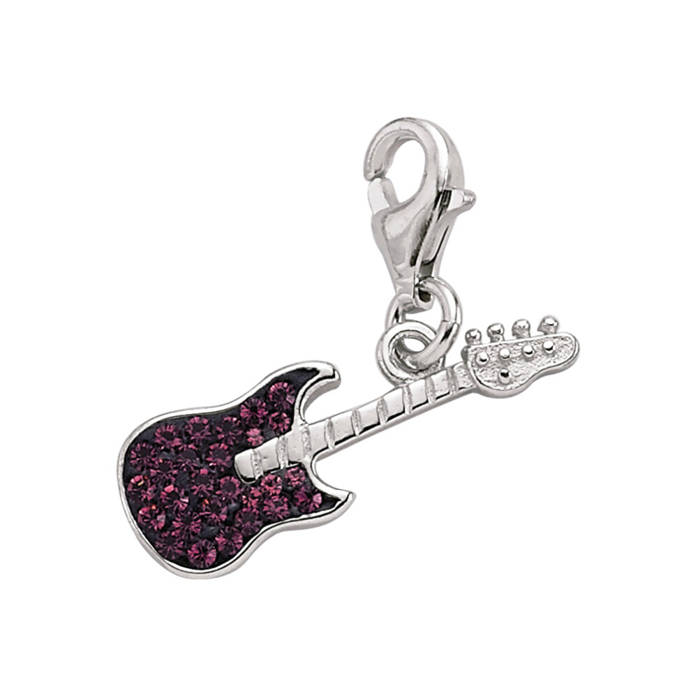Jewelco London Rhodium Coated Sterling Silver Violet Crystal Guitar Link Charm - CM124AMY
