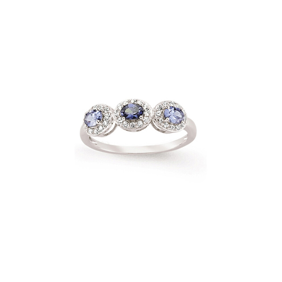 (L) Jewelco London Rhodium Plated Sterling Silver Blue and White Oval and Round Brilliant Cubic Zirconia Halo Ring