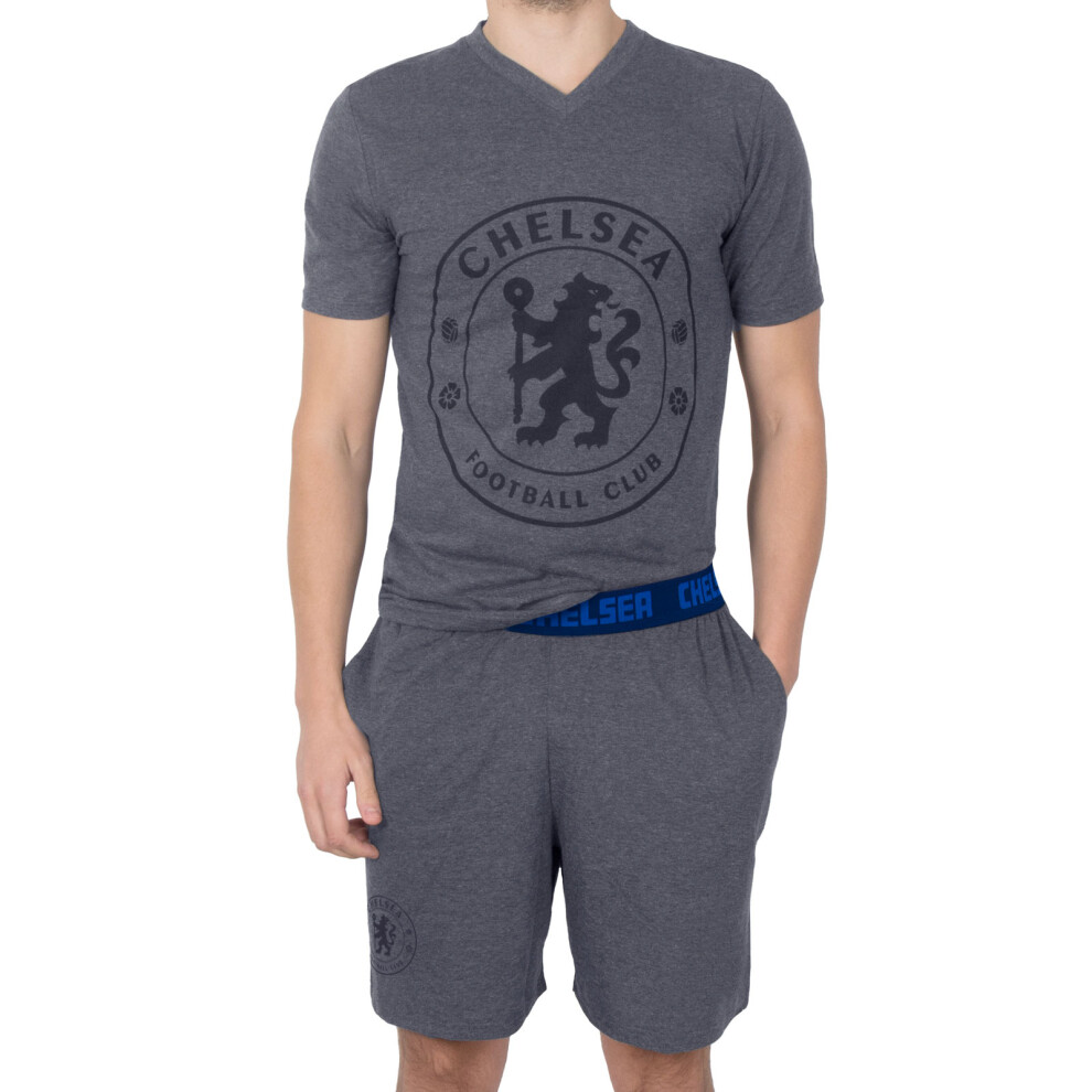 (Grey, Small) Chelsea FC Official Football Gift Mens Short Pyjamas Loungewear