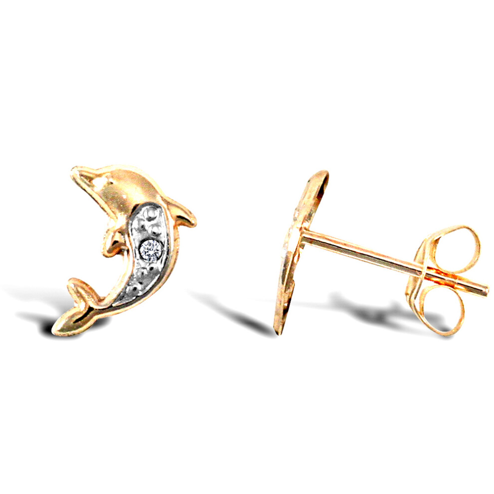 Jewelco London Ladies 9ct Yellow Gold White Round Brilliant Cubic Zirconia Solitaire Dolphin Stud Earrings - JES283