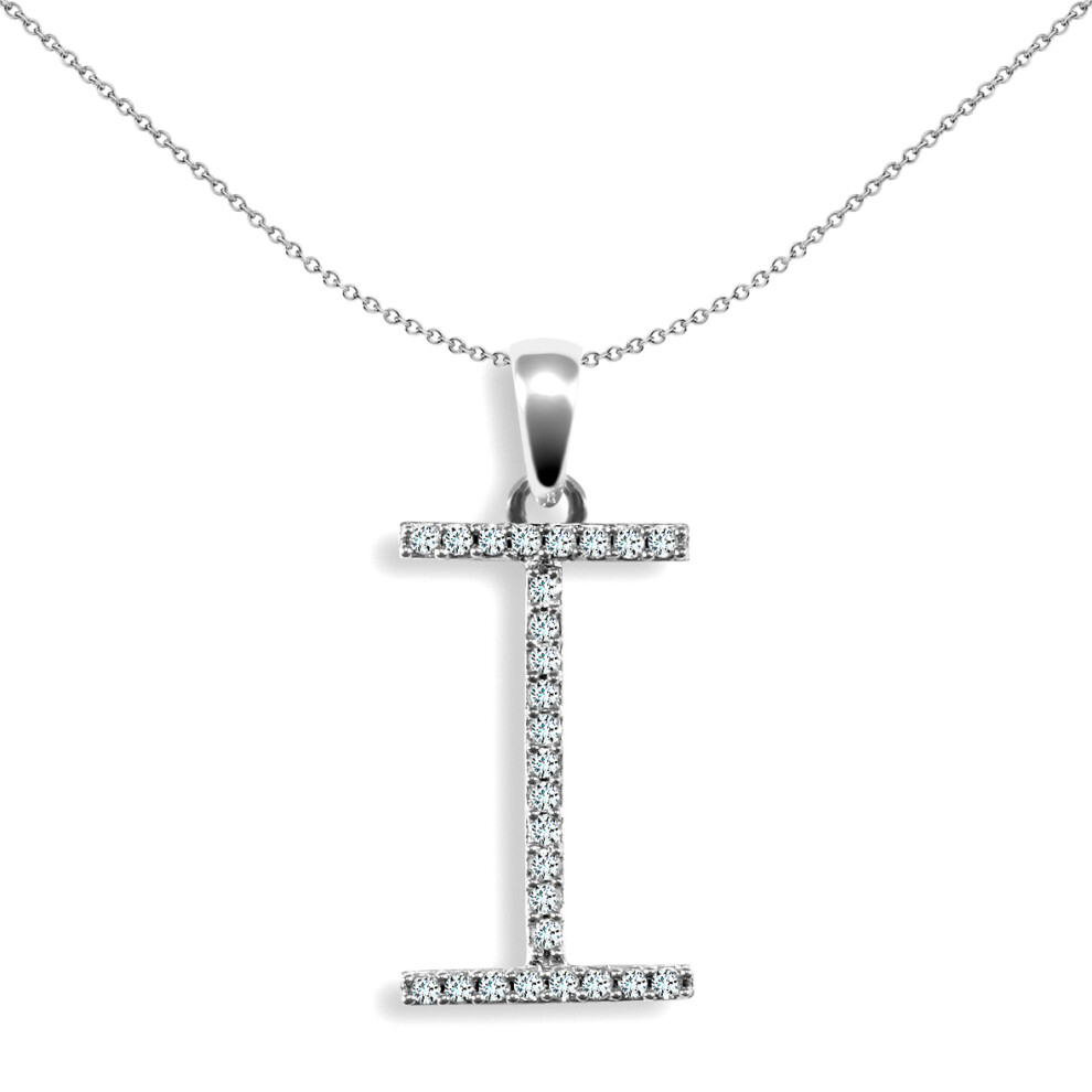 Jewelco London Ladies Solid 9ct White Gold Pave Set Round G SI 0.1ct Diamond Elegant Block Initial ID Charm Pendant - 9P105-I