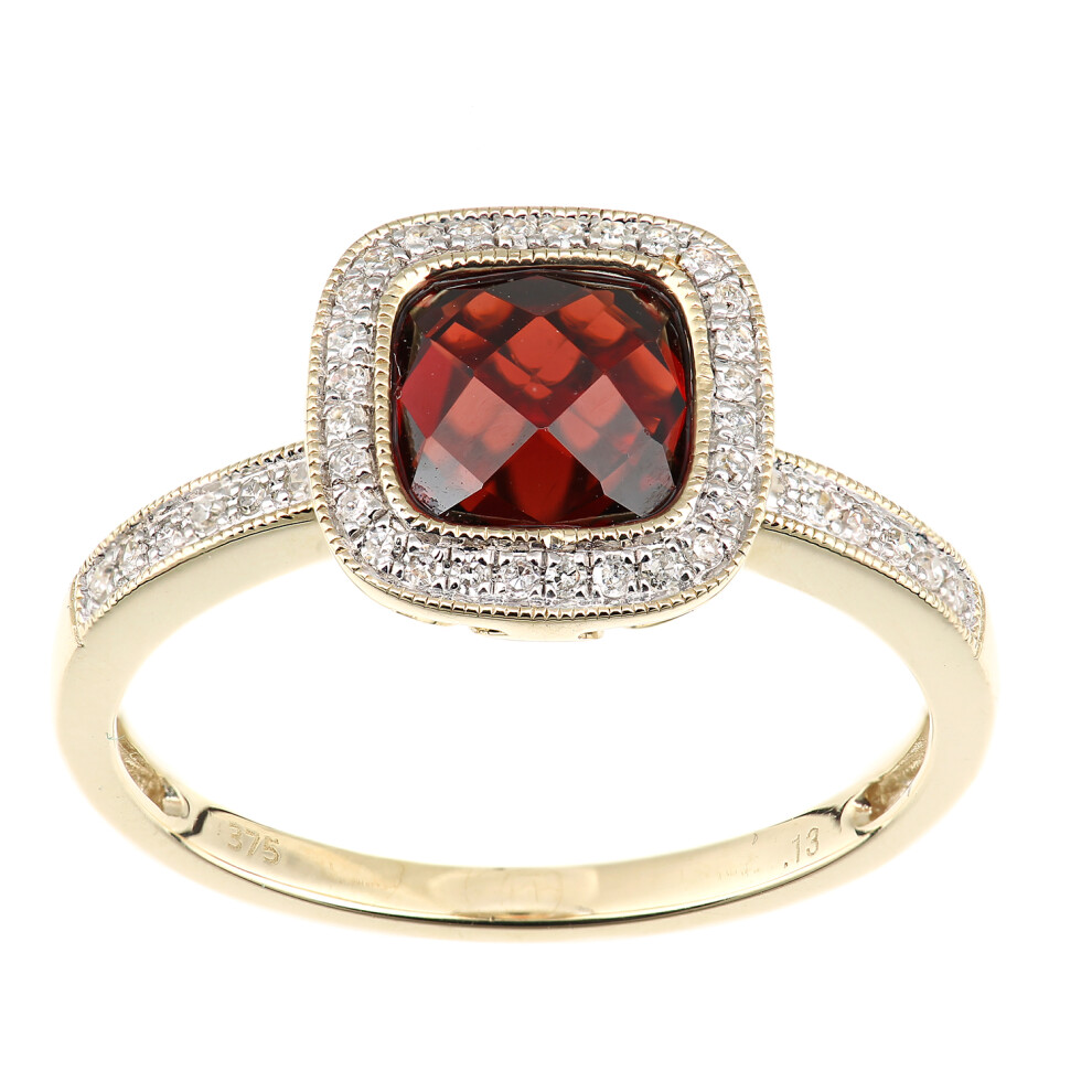 9ct Gold  Diamond Cushion 2ct Garnet Square Cushion Halo Ring - DR1AXL679YGT