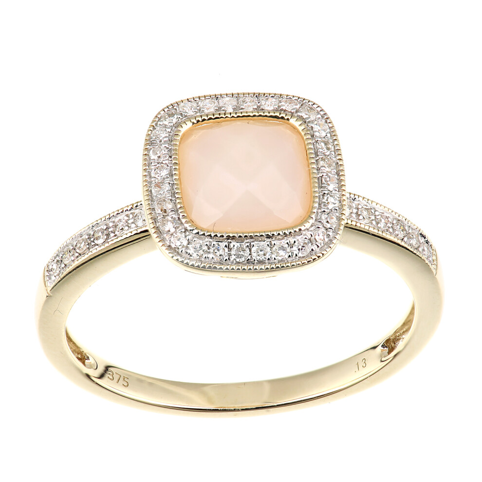 (J) Jewelco London 9ct Yellow Gold Cushion Pink Opal and Diamond Halo Ring