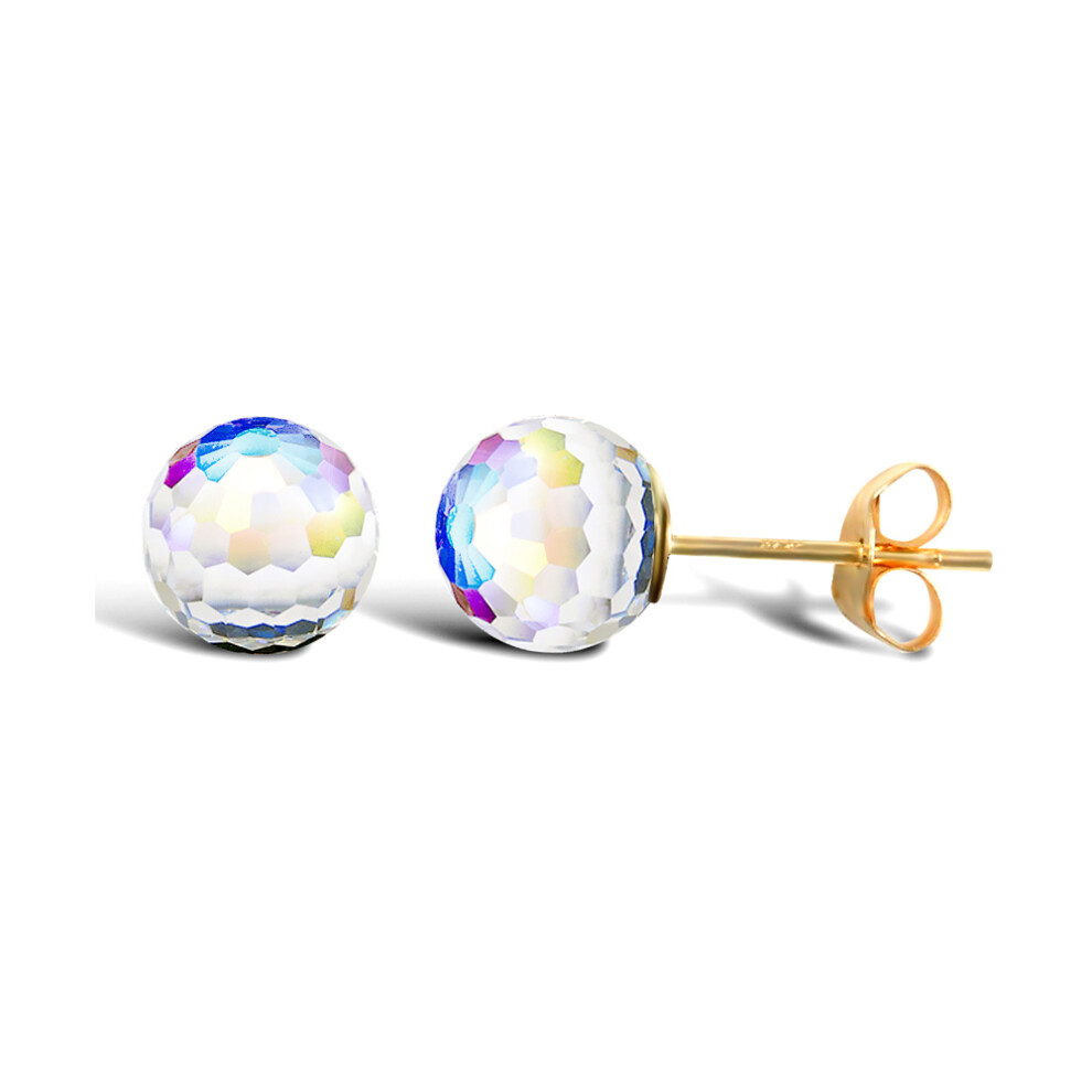 Jewelco London Ladies 9ct Yellow Gold Round Rainbow Crystal Aurora Borealis Faceted Disco Ball Stud Earrings, 6mm - JES286