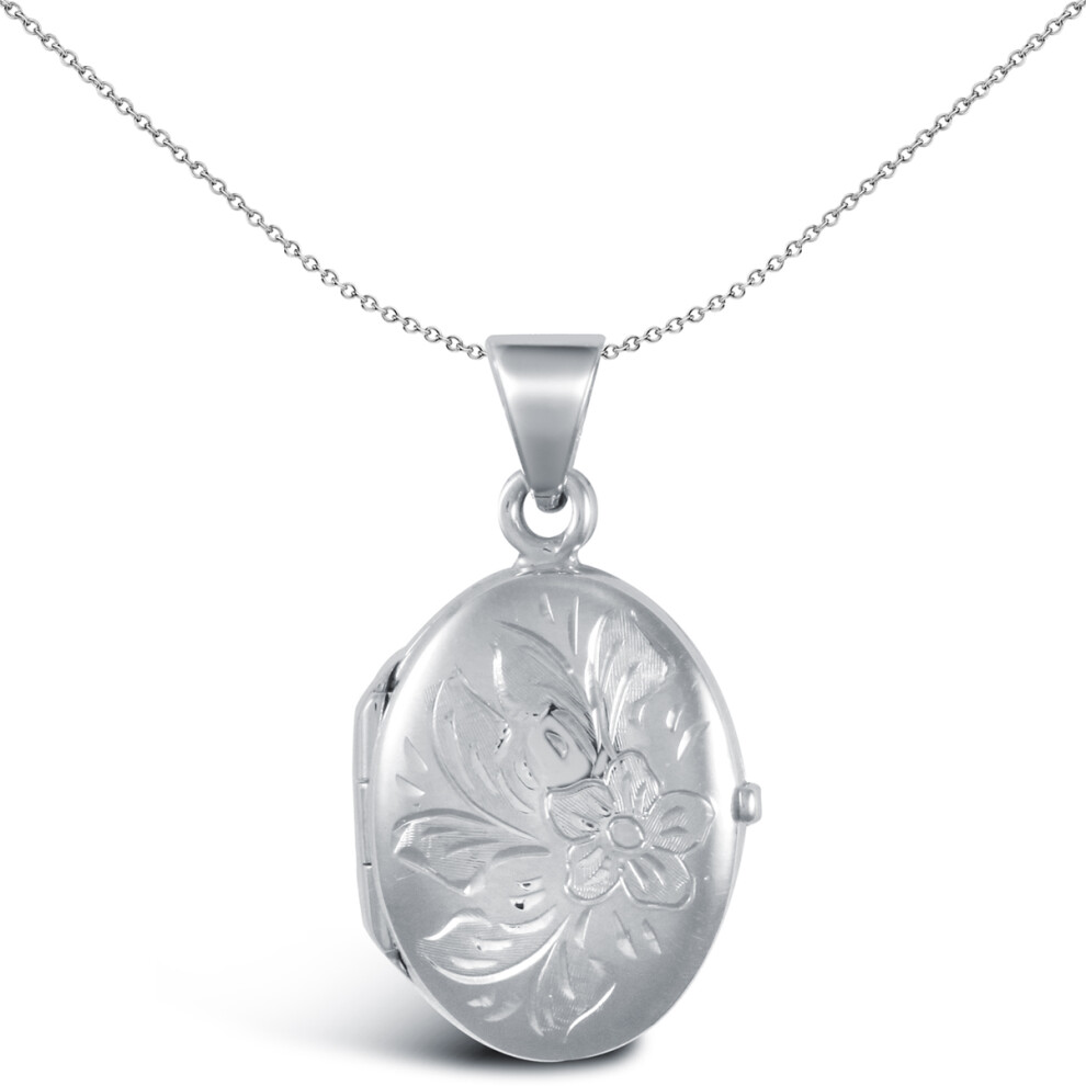 Jewelco London Ladies 9ct White Gold Engraved Flower Oval Locket Pendant - JLC114
