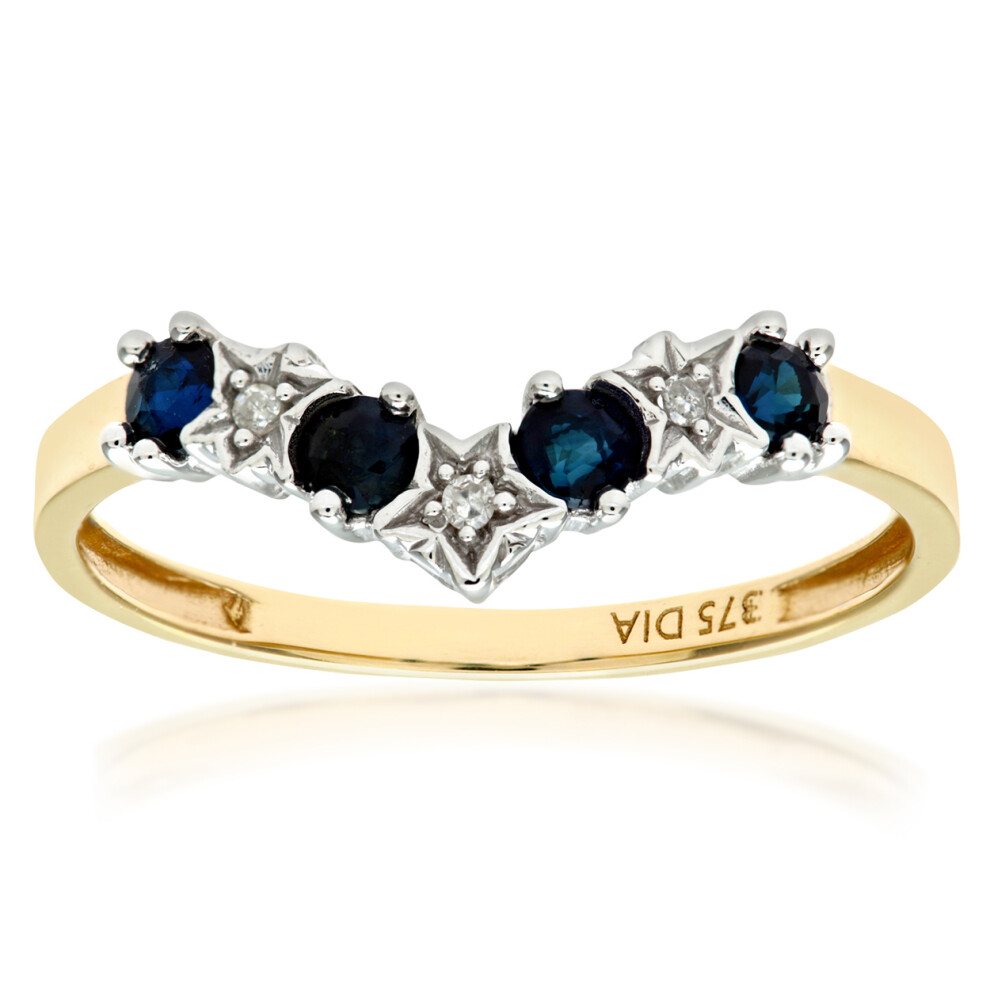 (M) Jewelco London 9ct Yellow Gold Sapphire & Diamond Wishbone Ring