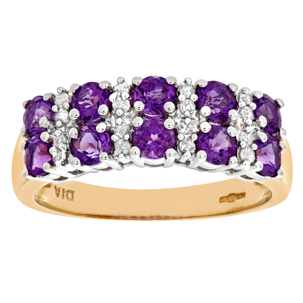 (O) Jewelco London 9ct Yellow Gold Ladies Diamond and Amethyst Ring