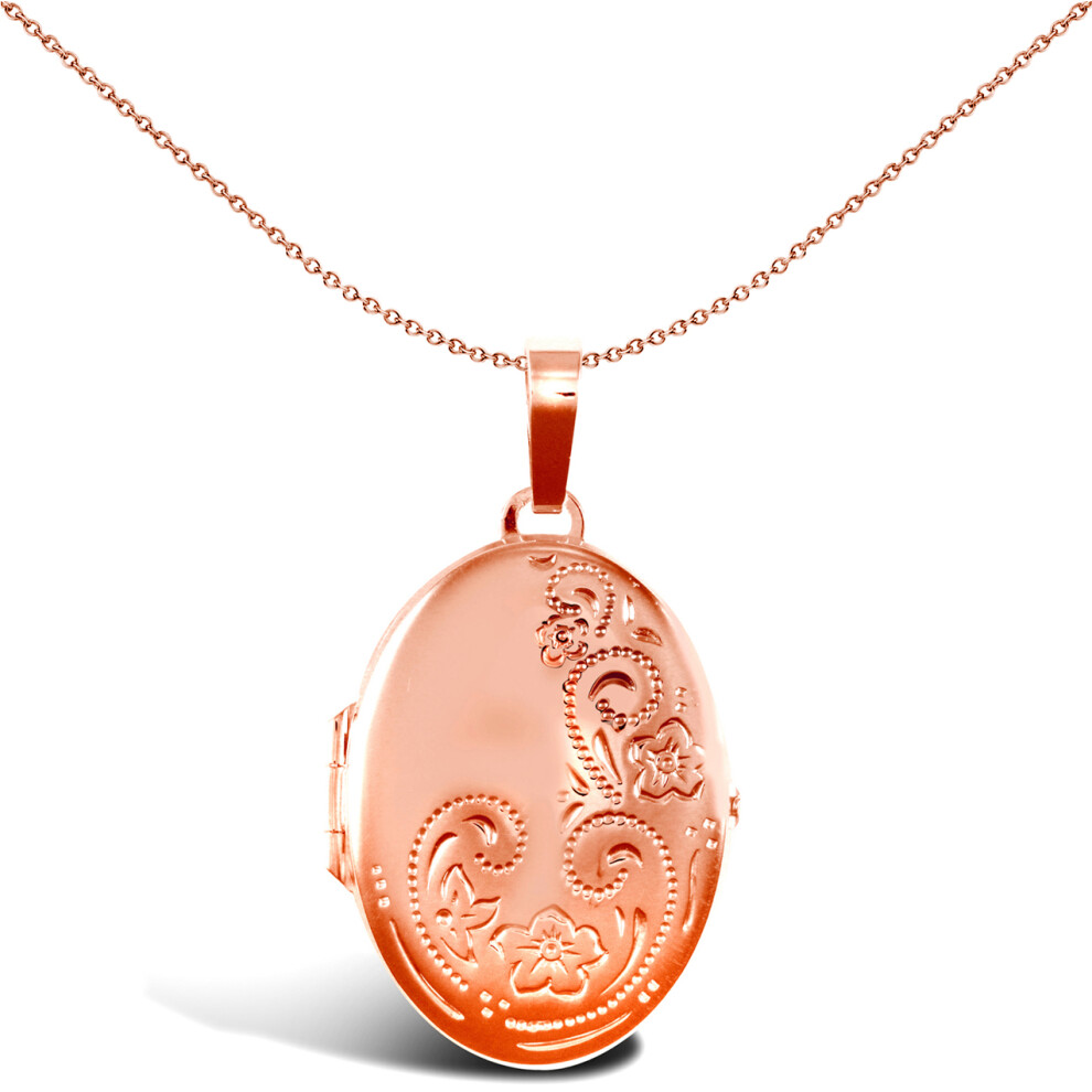 Jewelco London Ladies 9ct Rose Gold Floral Engraved Oval Locket Pendant - JLC109