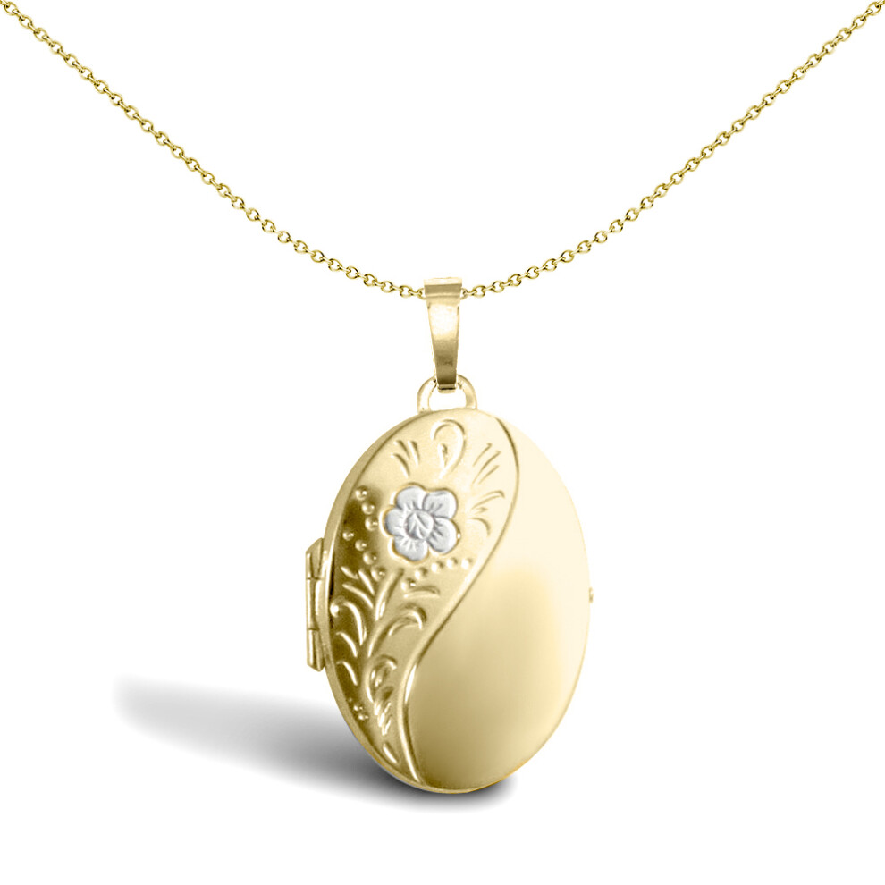 Jewelco London Ladies 9ct Yellow and White Gold Engraved Flower Oval Locket Pendant - JLC125