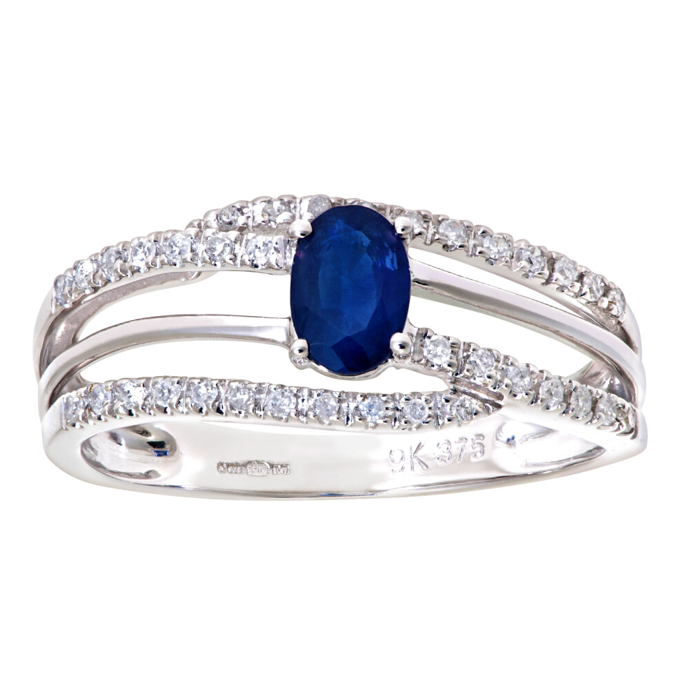 (Q) Jewelco London 9ct White Gold Oval Sapphire and Diamond Dress Ring