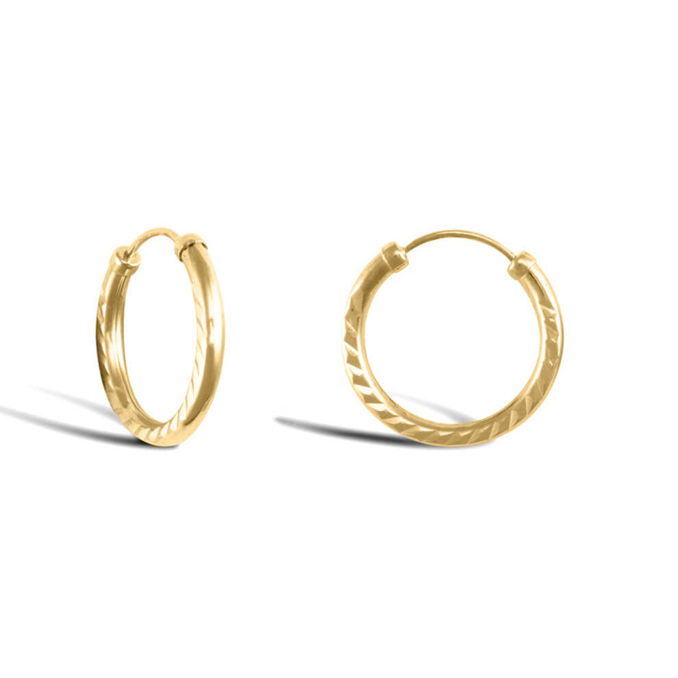 Jewelco London Ladies 9ct Yellow Gold Diamond Cut Capped Sleeper 1.5mm Hoop Earrings 15mm - JER743A
