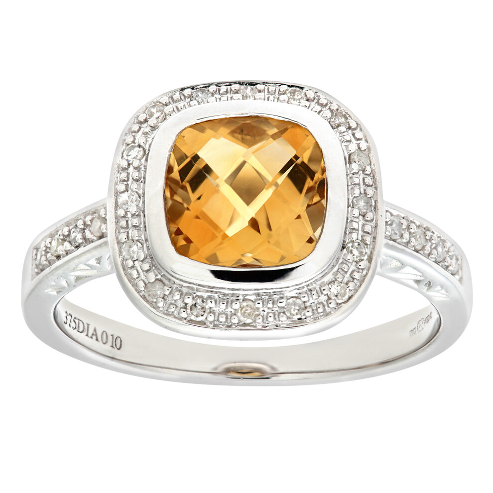 9ct White Gold  Diamond Citrine Cushion Halo Solitaire Ring 12mm - PR0AXL6226WCT